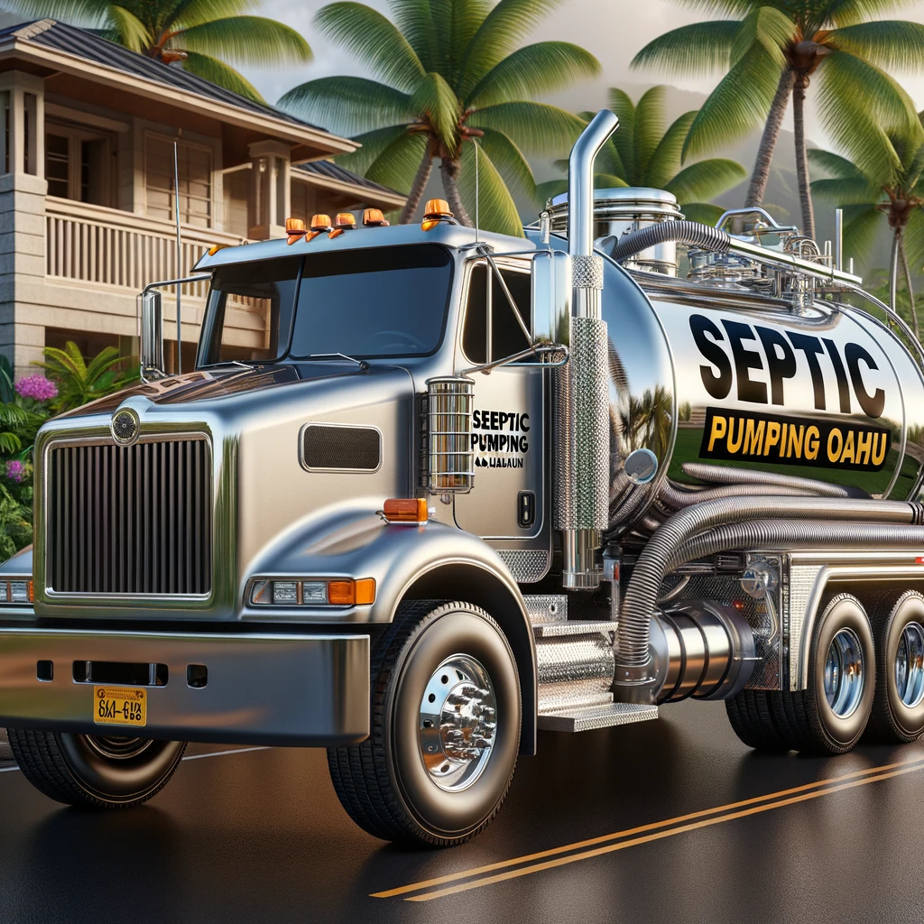 An image of a septic pumping truck with the words "Septic Pumping Oahu" on the side.